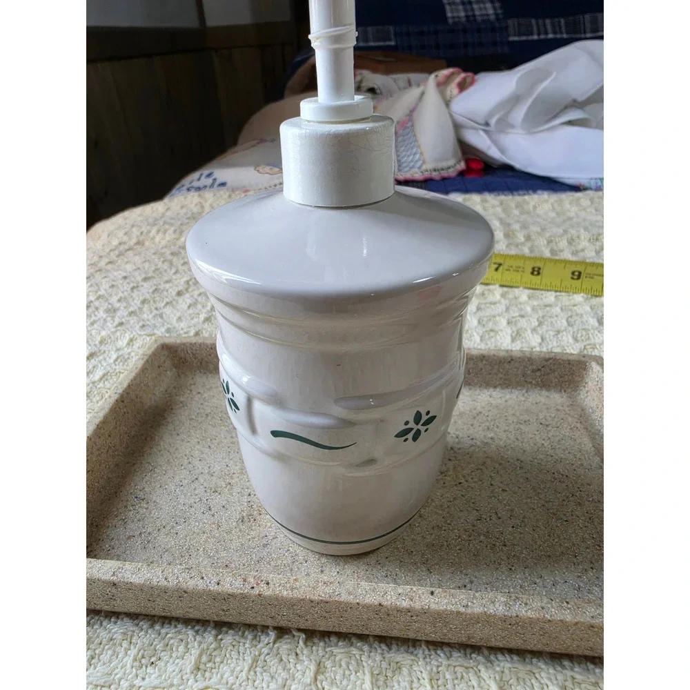 Longaberger Pottery Woven Traditions Ivory Soap Dispenser and Tray Set Green